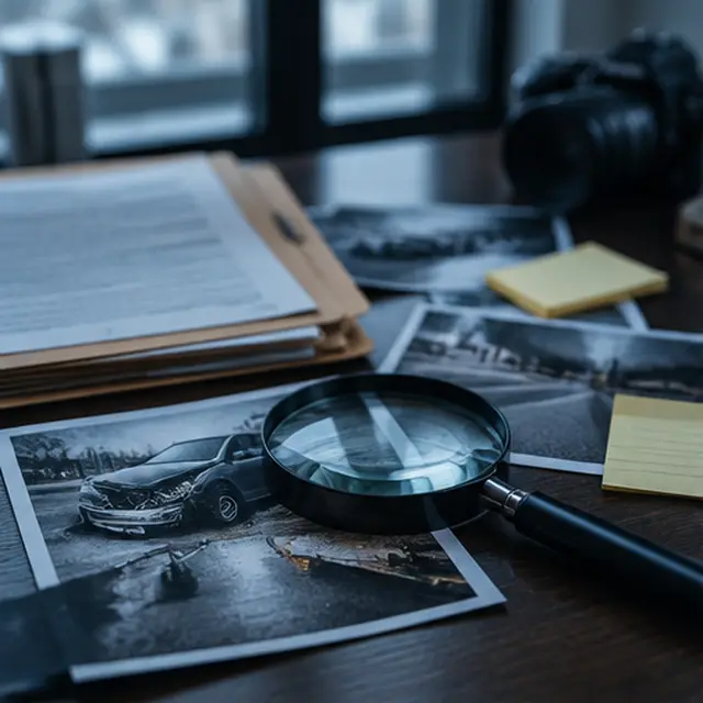 Case file with a magnifying glass over evidence photographs on a desk