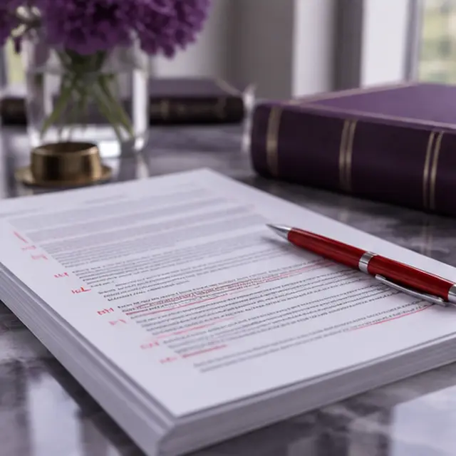 Contract pages with red annotation marks and a red pen
