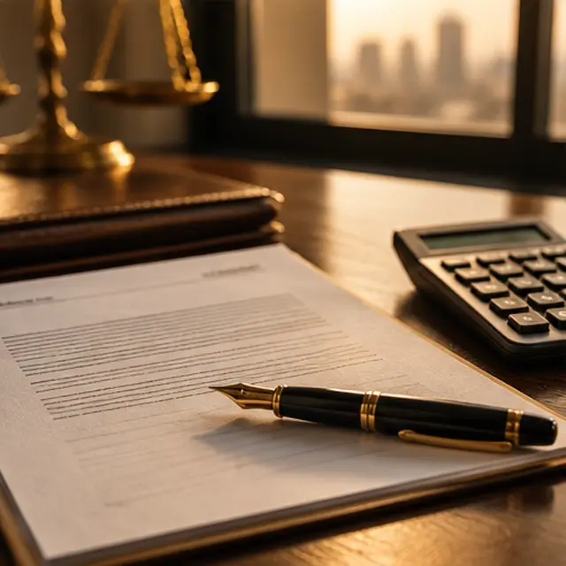 Formal demand letter with a fountain pen and calculator on a wooden desk