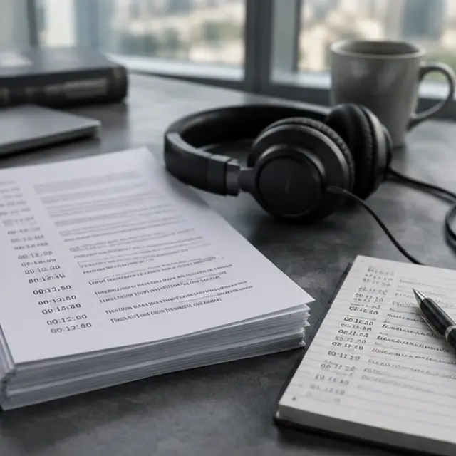 Deposition transcript pages with headphones and timestamped handwritten notes