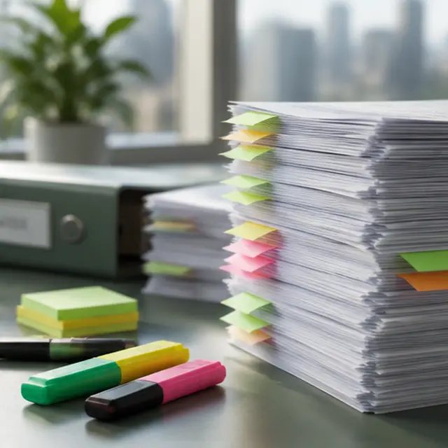 Tall stacks of documents marked with colourful highlighters and review tags
