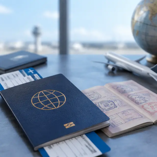 Passport with visa stamps, a boarding pass and a small model airplane