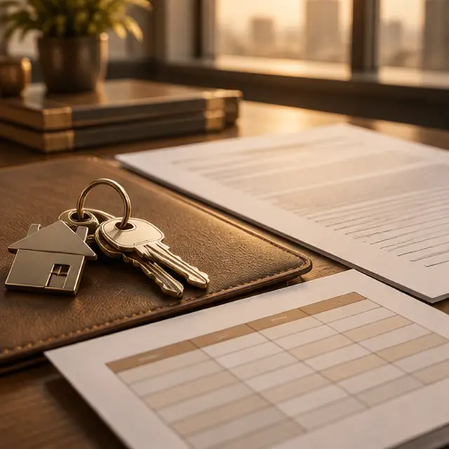House keys on a ring over lease documents and a comparison table