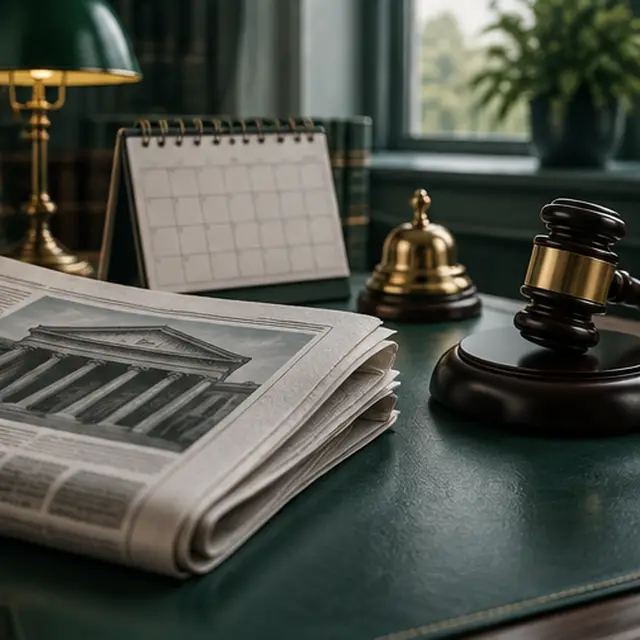 Folded newspaper, desk calendar and notification bell beside a gavel