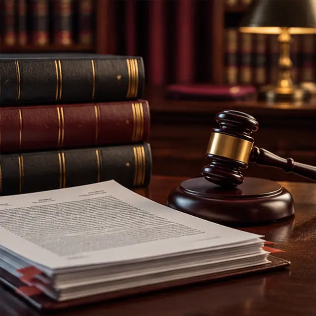 Law books, a gavel and an annotated legal brief in a library office