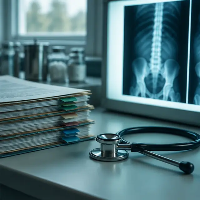 Stack of tabbed medical records beside a stethoscope and a spine x-ray