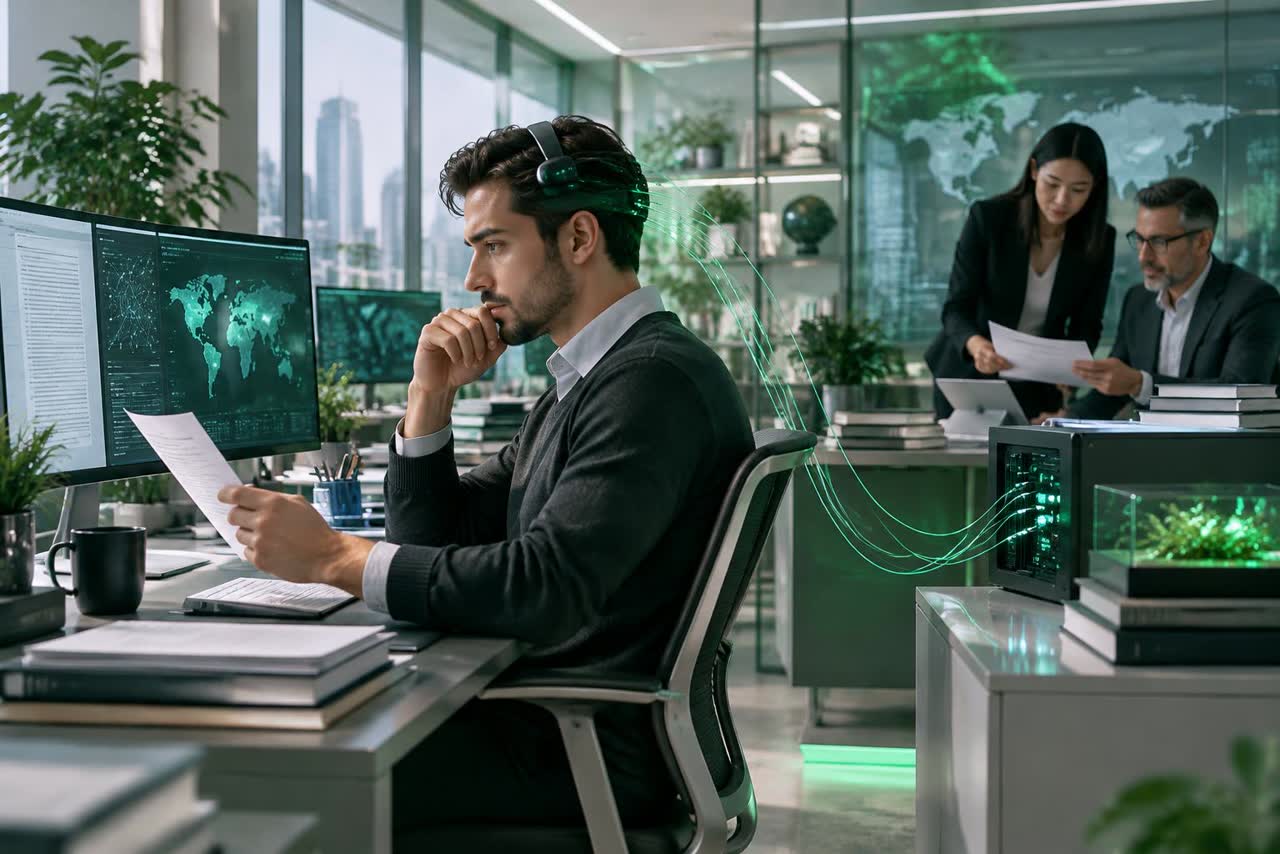 Conceptual illustration of a paralegal connected to research technology while two QA reviewers check documents