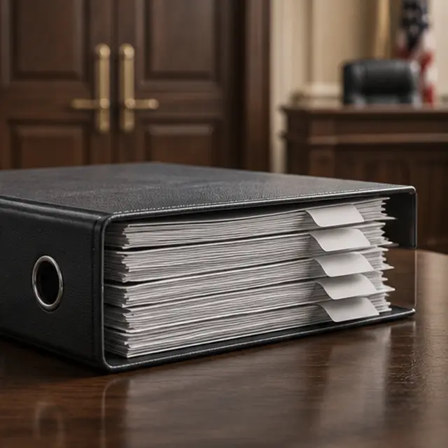 Thick tabbed trial binder with exhibit labels near a courtroom door